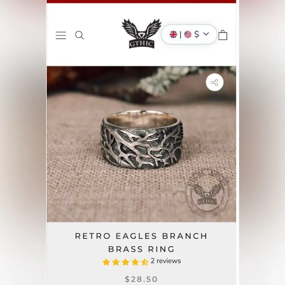 GTHIC Retro Eagle Branch Men’s Brass Ring